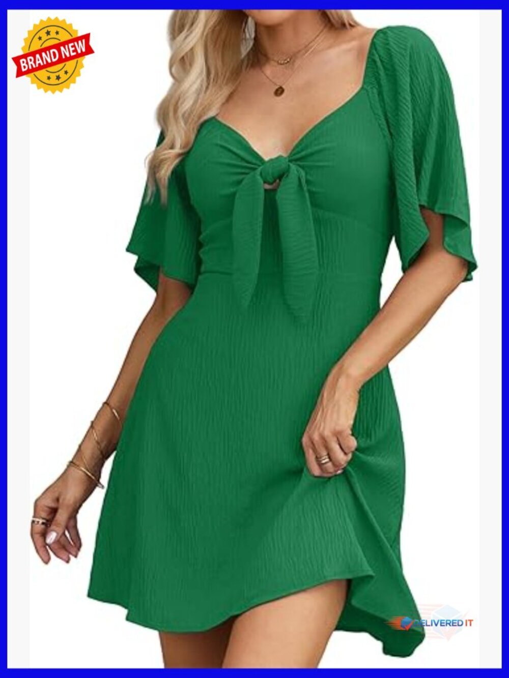 Deep V Neck Bow Tie Ruffle Cap Sleeve Mini Dress Fit & Flare Soft